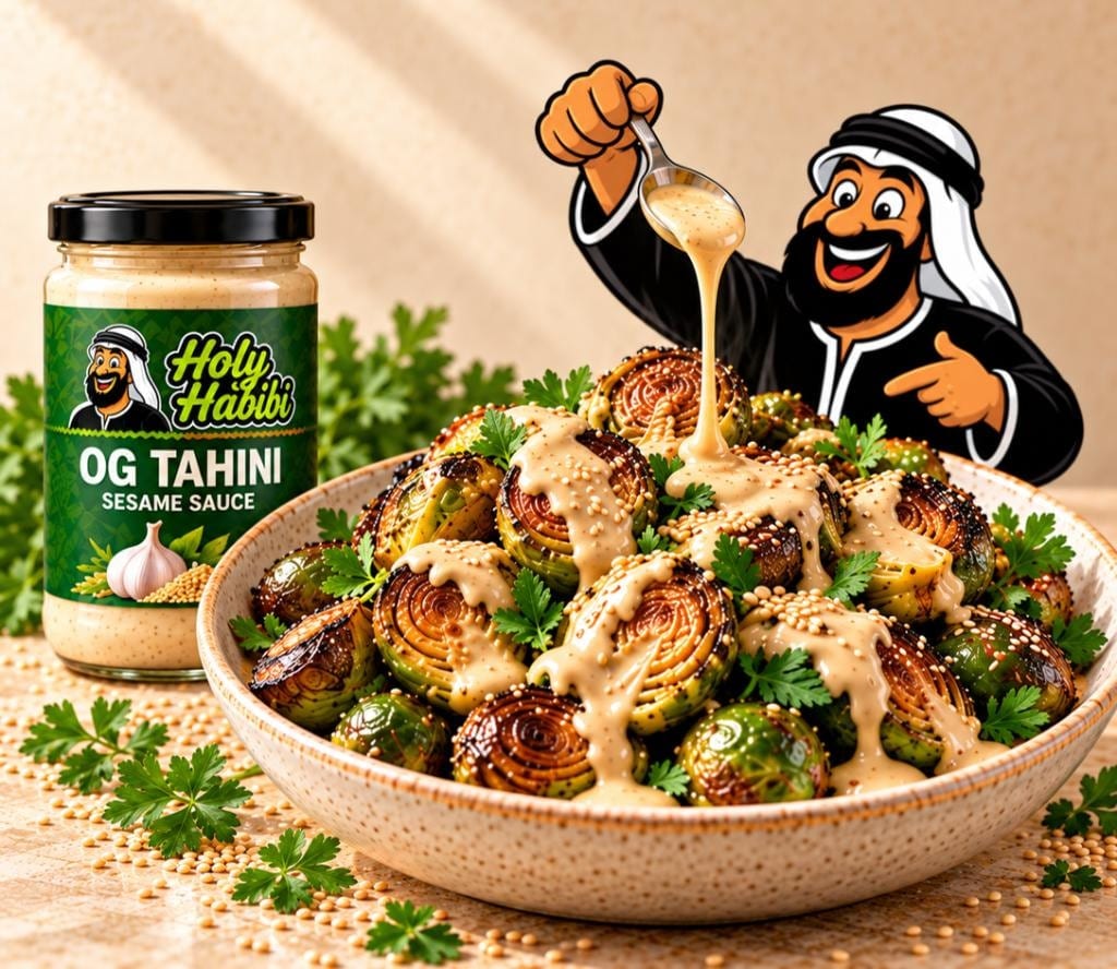 Holy Habibi mascot drizzling tahini